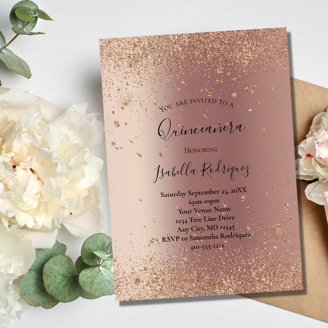 Rose Gold Glitter Glam Bling Quinceanera Birthday Invitation (Creator Uploaded)