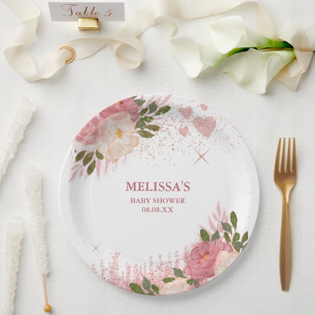 Rose Gold Glitter Glam Custom Paper Plates (Wedding)