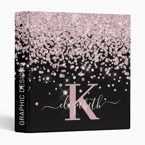 Rose Gold Glitter Glam Diamond Script Monogrammed 3 Ring Binder