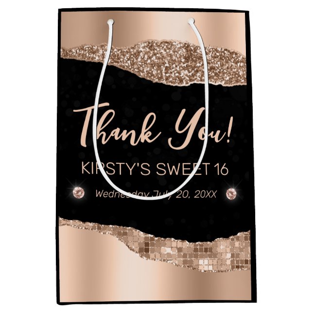 Rose Gold Glitter Glam Edge & Diamonds Sweet 16  Medium Gift Bag (Front)