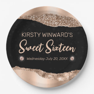 Rose Gold Glitter Glam Edge & Diamonds Sweet 16  Paper Plates