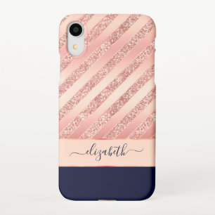 Rose Gold Glitter Glam Girly Stripes Personalized iPhone XR Case
