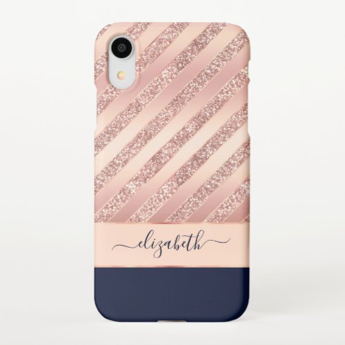 Rose Gold Glitter Glam Girly Stripes Personalized  iPhone XR Case