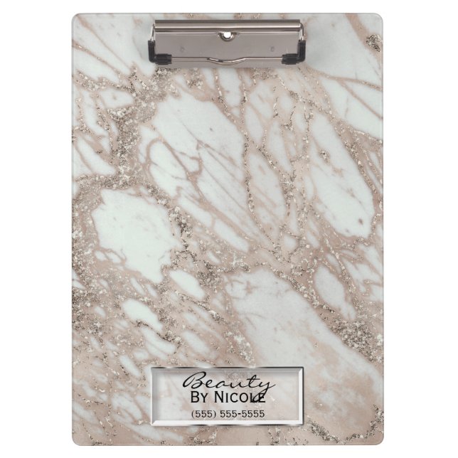 Rose Gold Glitter Glam Marble Modern Personalized Clipboard (Front)