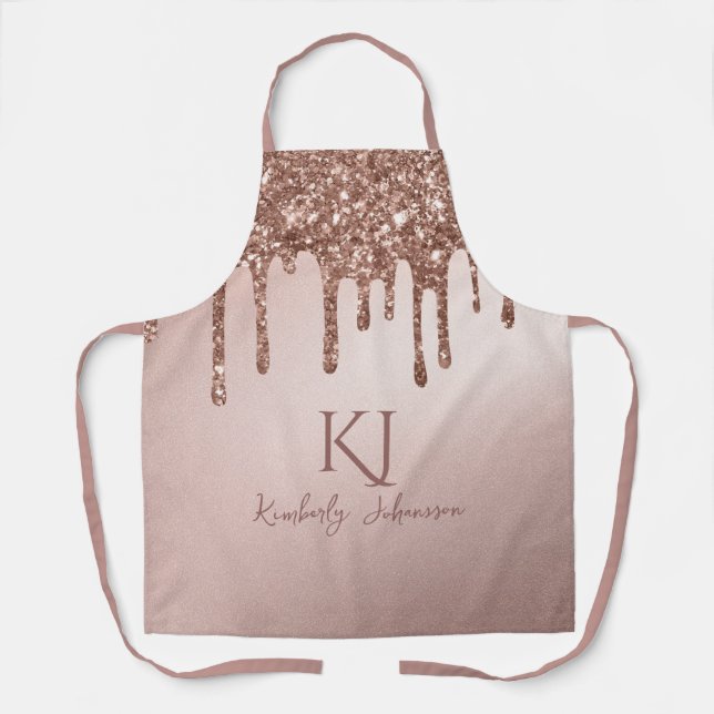 Rose Gold Glitter Glam & Monogram Initials Apron (Front)