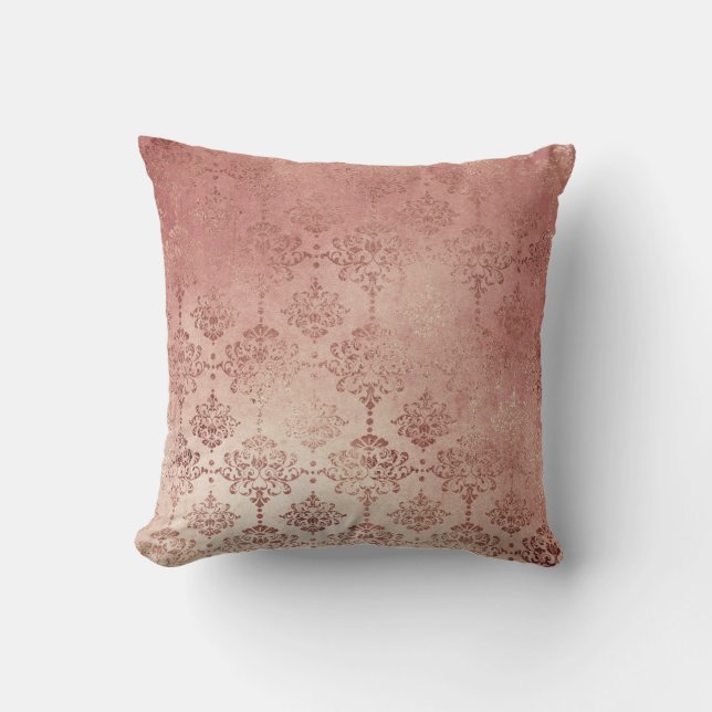 Rose Gold Glitter Glam Sparkle Damask Pillow (Front)