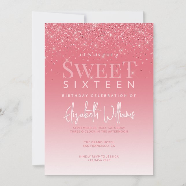 Rose Gold Glitter Glam Sweet Sixteen Birthday Invitation (Front)