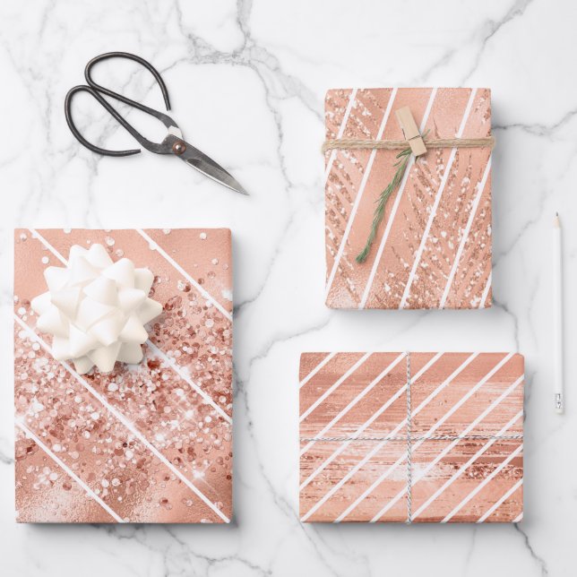 Rose Gold Glitter Glam White Pattern Wrapping Paper Sheets (Front)
