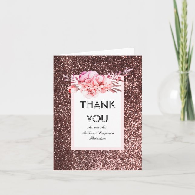 Rose Gold Glitter Glamour Chic Wedding Thank You Card (Front)