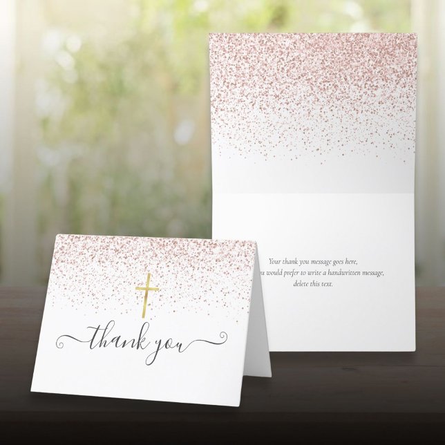 Rose Gold Glitter Gold Crucifix Script Letterpress Thank You Card (Rose Gold Glitter Gold Crucifix Script Thank You Card)