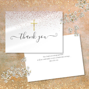 Rose Gold Glitter Gold Crucifix Script Thank You Card