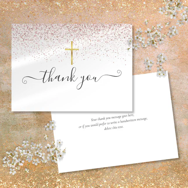 Rose Gold Glitter Gold Crucifix Script Thank You Card | Zazzle