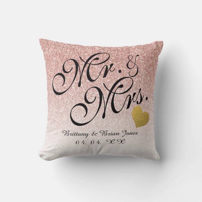 Rose Gold Glitter Gold Heart Mr. and Mrs. Wedding Throw Pillow (Front)