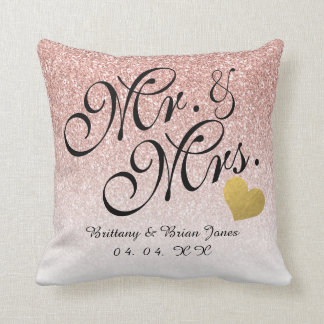 Rose Gold Glitter Gold Heart Mr. and Mrs. Wedding Throw Pillow