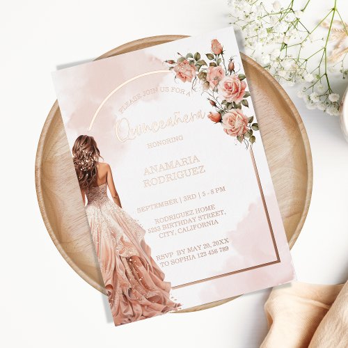 Rose Gold Glitter Gown Blush Floral Quinceanera Foil Invitation