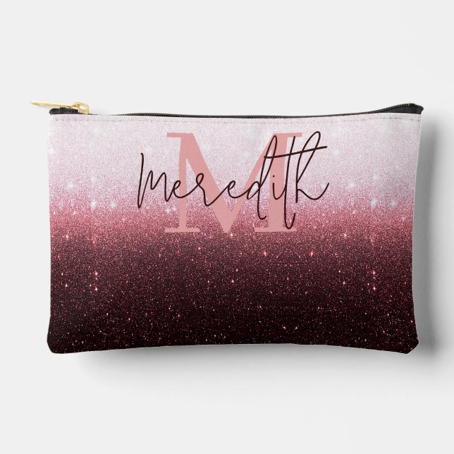 Rose gold glitter gradient personalized accessory pouch (Front)