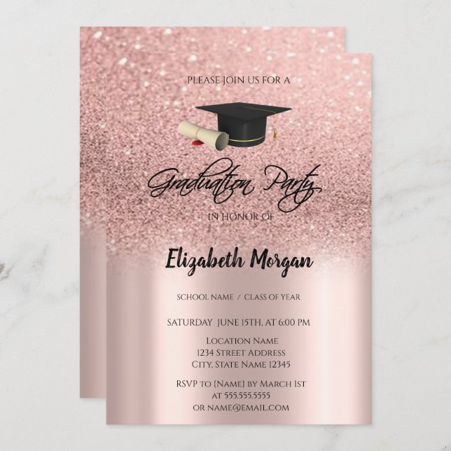 Rose Gold Glitter  Graduation Cap Graduation Invit Invitation (Front/Back)