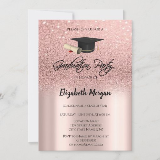 Rose Gold Glitter Graduation Cap Graduation Invit Invitation | Zazzle