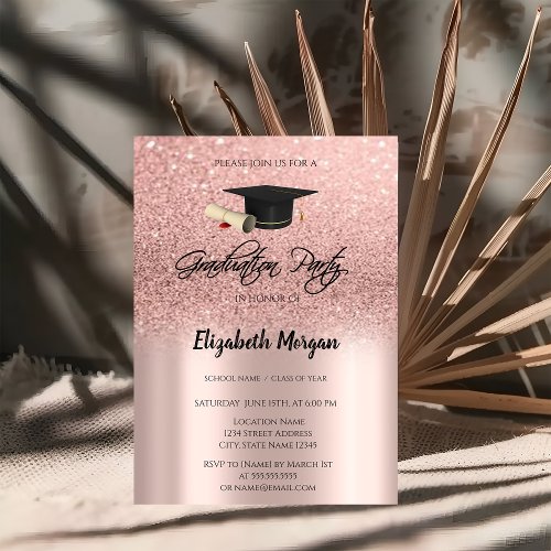 Rose Gold Glitter  Graduation Cap Graduation Invit Invitation