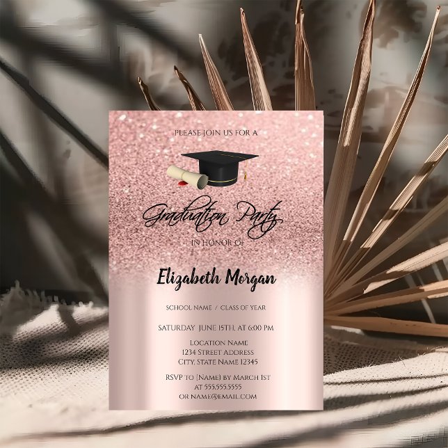 Rose Gold Glitter  Graduation Cap Graduation Invit Invitation (Creator Uploaded)