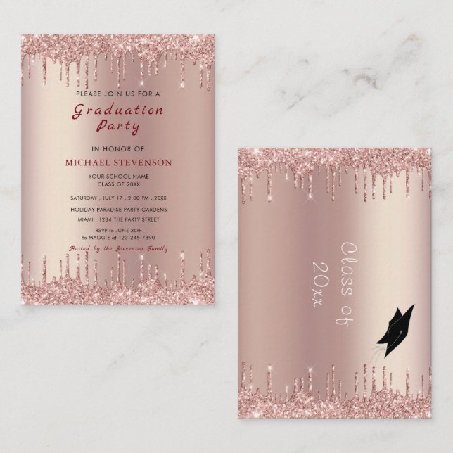 Rose Gold Glitter Graduation Invitation Template (Front/Back)