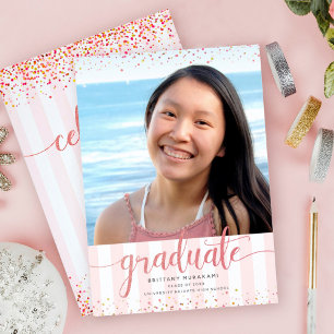 Rose gold glitter graduation photo modern script invitation