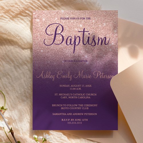 Rose gold glitter grape purple ombre baptism 2 invitation