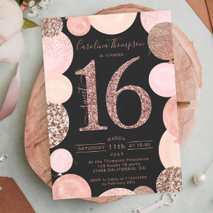 rose gold glitter gray balloon Sweet 16 photo Invitation