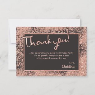 Rose Gold Glitter & Gray Sweet 16 Glam Popular Thank You Card