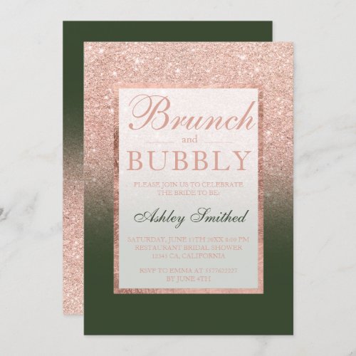 Rose gold glitter green bubbly bridal shower invitation