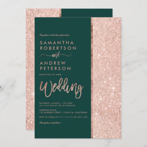 Rose gold glitter green color block wedding invitation