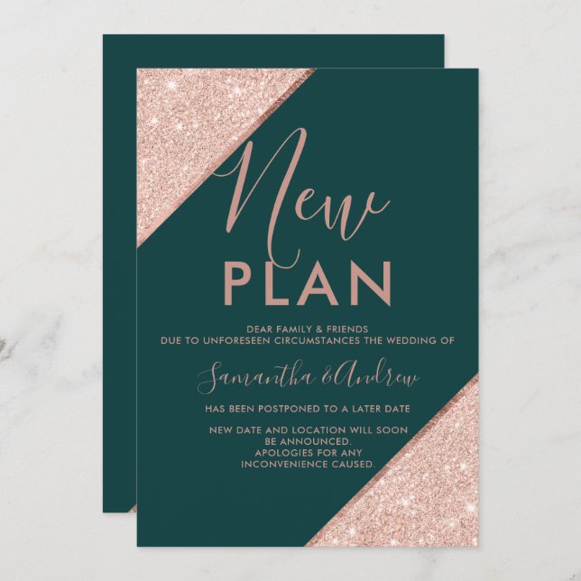 Rose gold glitter green emerald wedding new plan invitation (Front/Back)