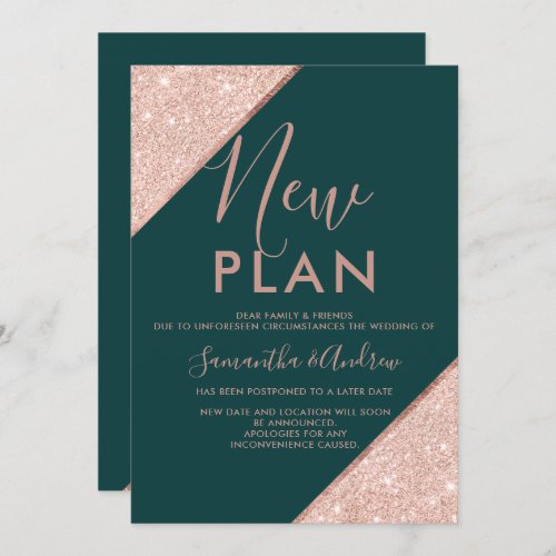 Rose gold glitter green emerald wedding new plan invitation