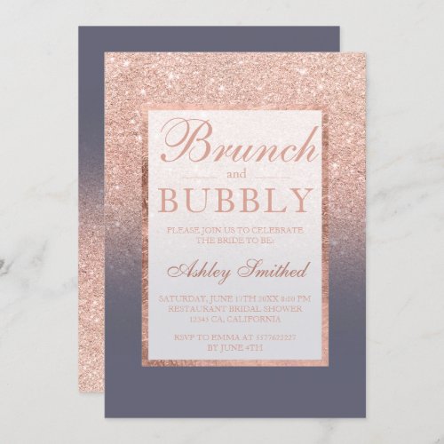 Rose gold glitter grey brunch bubbly bridal shower invitation