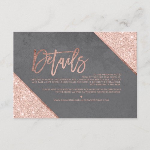 Rose gold glitter grey cement wedding direction enclosure card