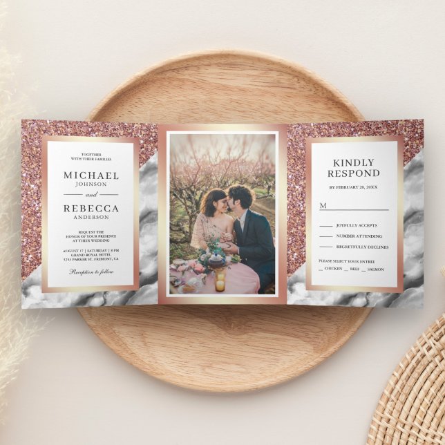 Rose Gold Glitter Grey Marble Photo Wedding Tri-Fold Invitation (Creator Uploaded)