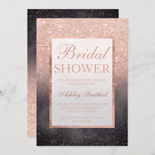 Rose gold glitter grey watercolor bridal shower invitation