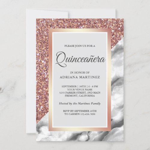 Rose Gold Glitter Grey White Marble Quinceanera Invitation