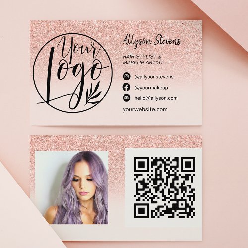 Rose gold glitter hair makeup photo logo qr code business card