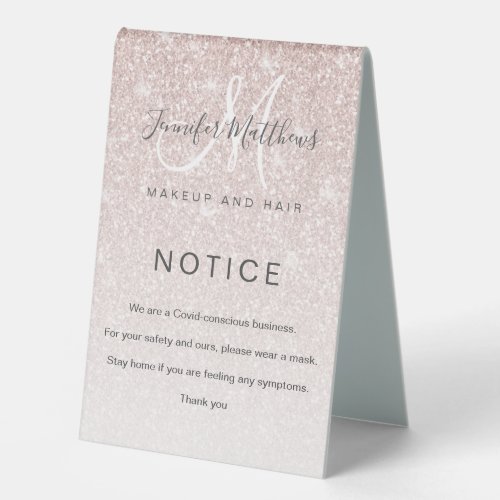 Rose Gold Glitter Hair Salon COVID Conscious Table Tent Sign