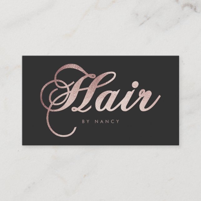 Rose Gold Glitter Hair Stylist Script Calligraphy Business Card (Front)