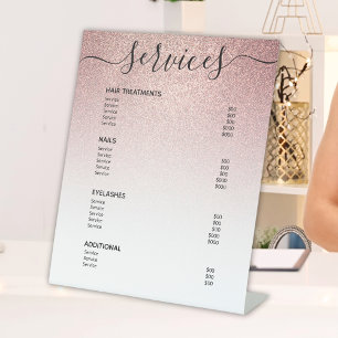 Rose Gold Glitter Hairstylist Price Service Menu Pedestal Sign