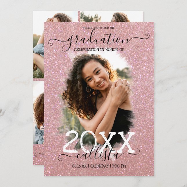 Rose Gold Glitter Halo Photo Collage Graduation Invitation (Front/Back)