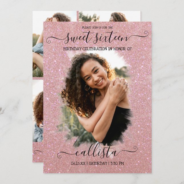 Rose Gold Glitter Halo Photo Collage Sweet 16 Invitation (Front/Back)
