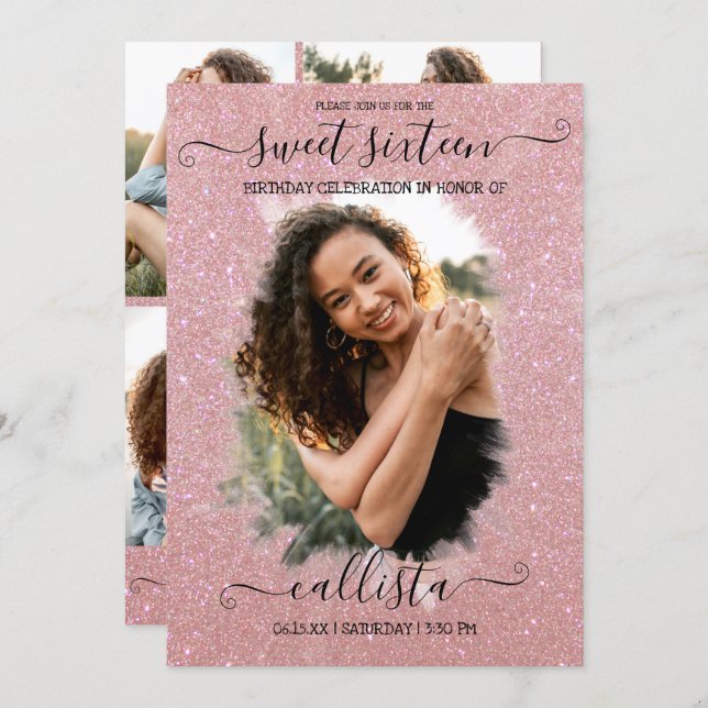 Rose Gold Glitter Halo Photo Collage Sweet 16 Invitation (Front/Back)