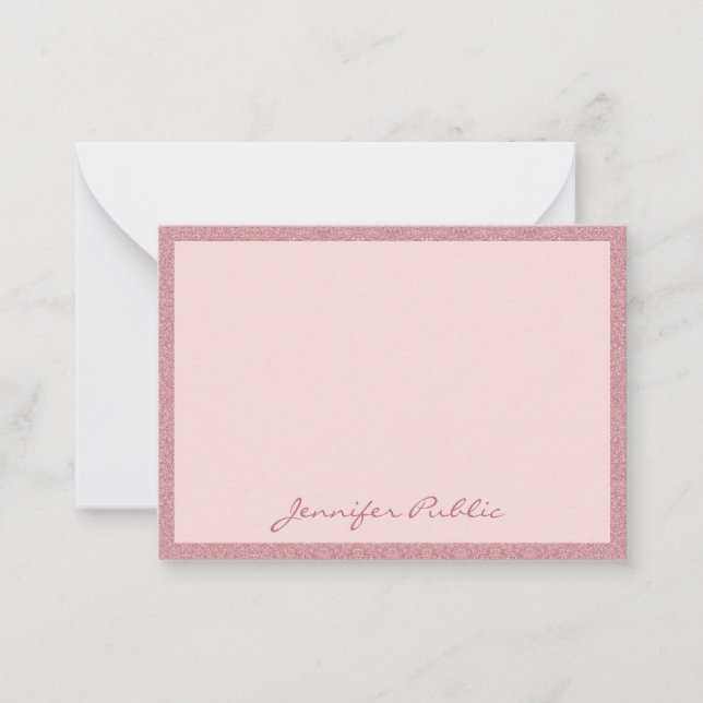Rose Gold Glitter Handwritten Elegant Modern Note Card (Front)