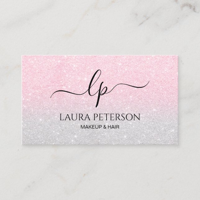 Rose gold glitter handwritten script calligraphy business card (Front)
