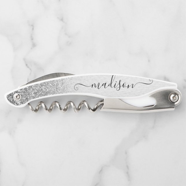 Rose Gold Glitter Handwritten Script Custom Name W Waiter's Corkscrew (Back)