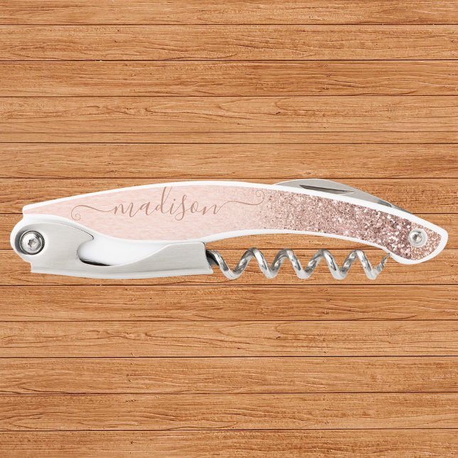 Rose Gold Glitter Handwritten Script Custom Name Waiter's Corkscrew (Creator Uploaded)