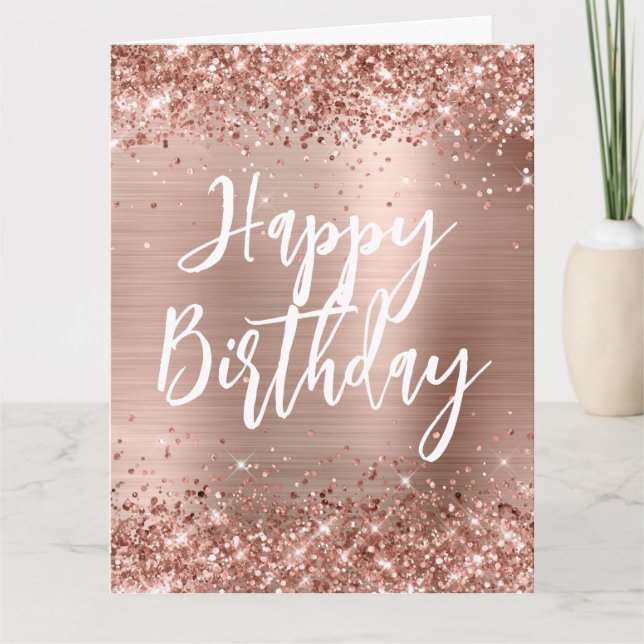 Rose Gold Glitter Handwritten Style Happy Birthday Card (Front)